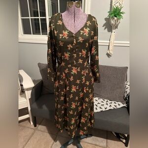 April Cornell Olive Green Shyrose Tea Dress M Floral Cottagecore